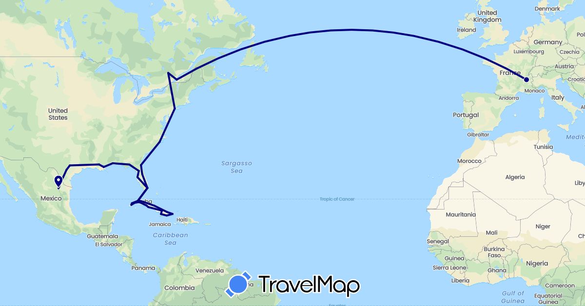 TravelMap itinerary: driving in Canada, Cuba, France, Mexico, United States (Europe, North America)
